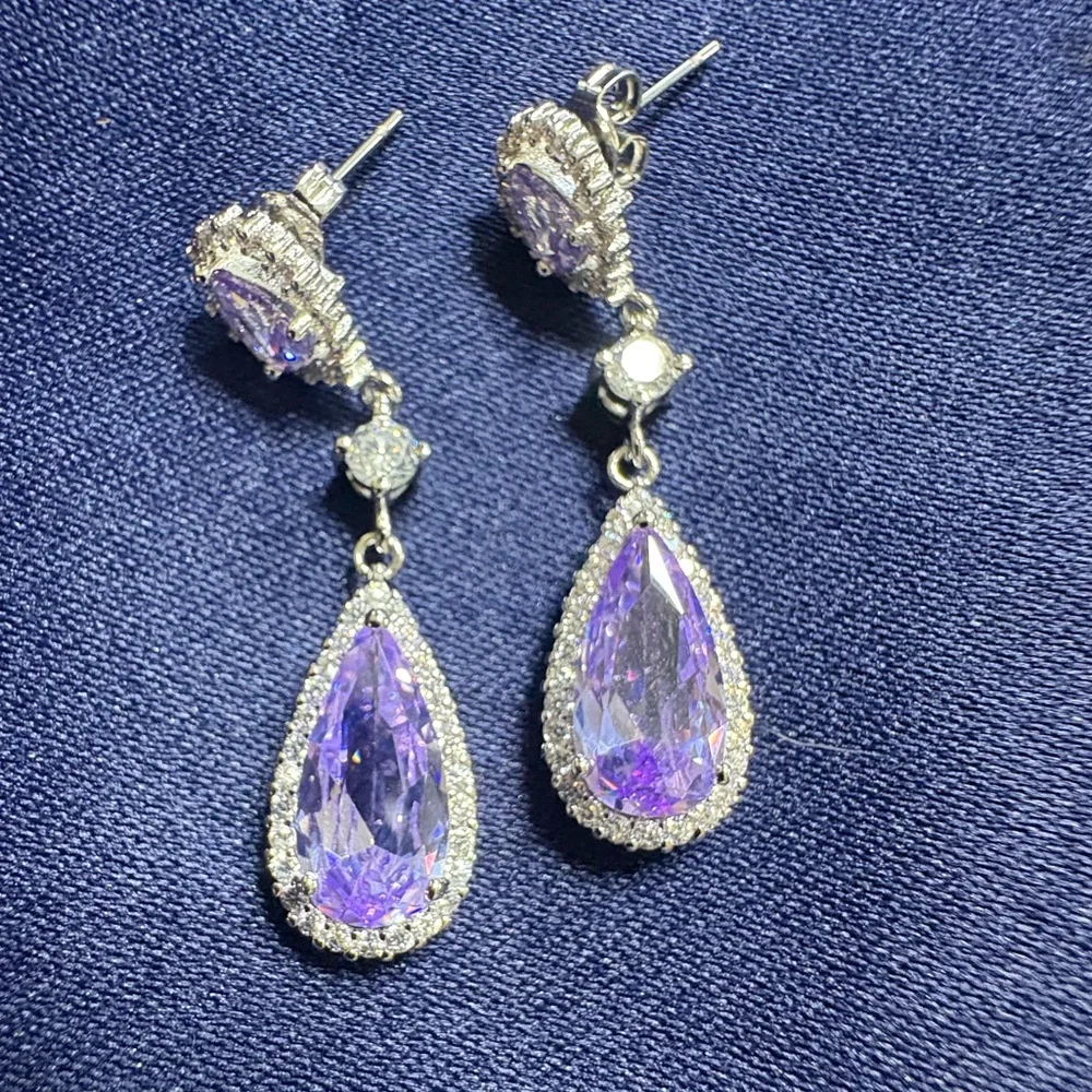 Earrings Sterling Silver White Gold Over Cubic Zirconia - Picture 3 of 4